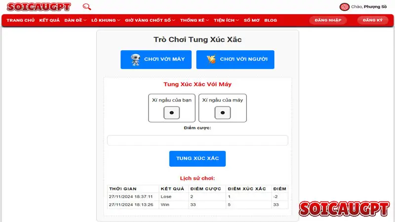 Giao diện tung xúc xắc chế độ chơi với máy