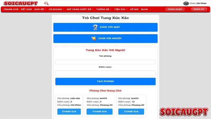 Giao diện tung xúc xắc trong chế độ Thách đấu